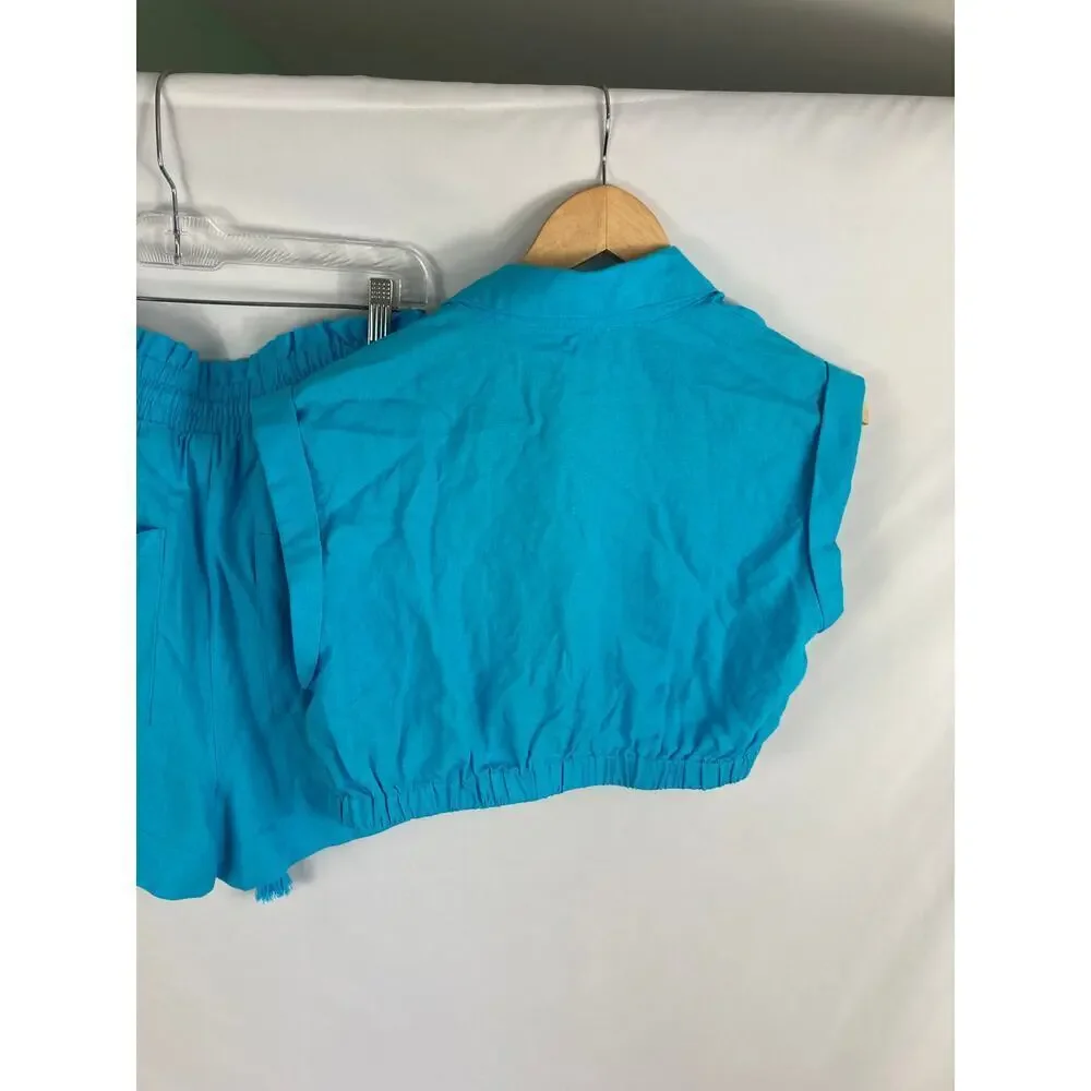 7 for All Mankind Linen Blend Blue Shorts and Button Up Crop top Set XS